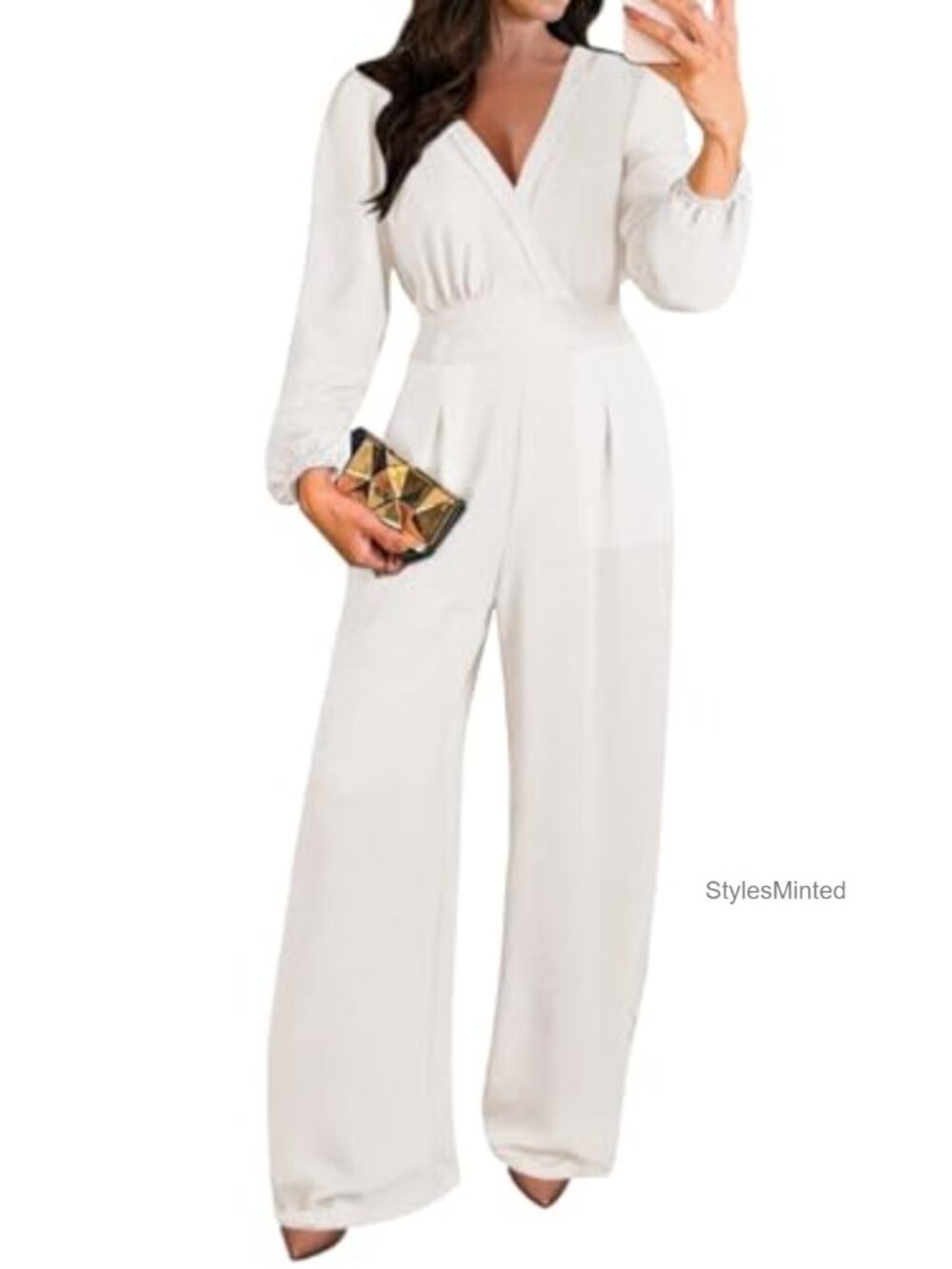 Women's Long Sleeve V-Neck Wide Leg Jumpsuit Romper with Pockets